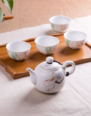 茶人嶺·花開(kāi)見(jiàn)禪 禪定手繪白瓷茶具茶盤(pán)6件套鑒賞